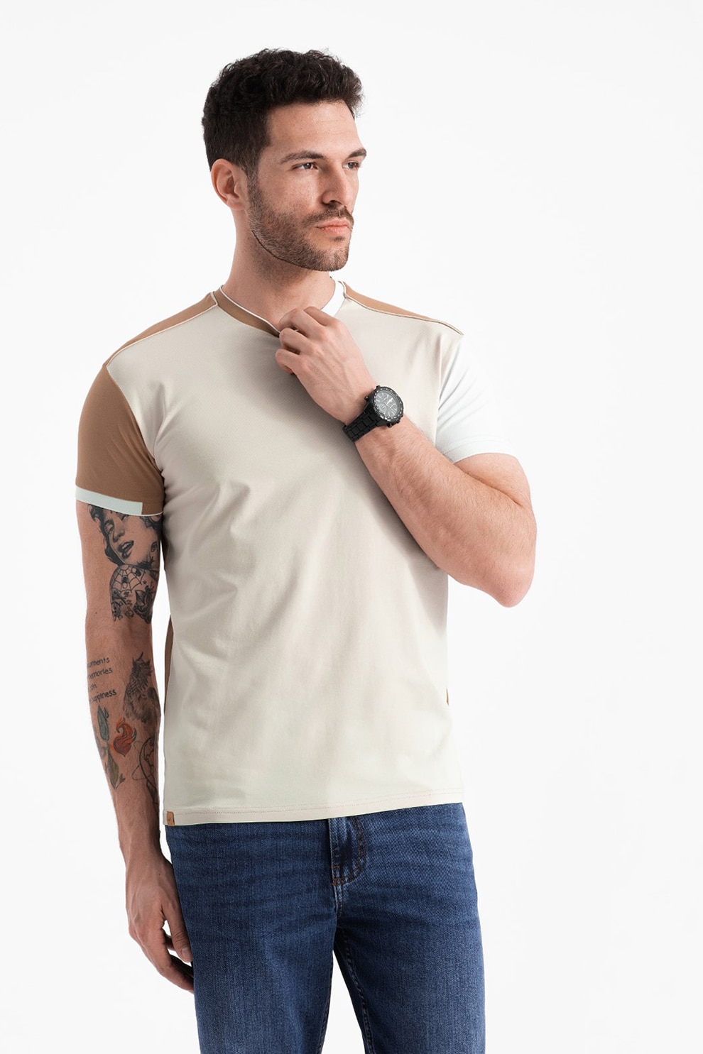 OMBRE, Tricou cu decolteu la baza gatului si model colorblock, Maro, Alb, XL