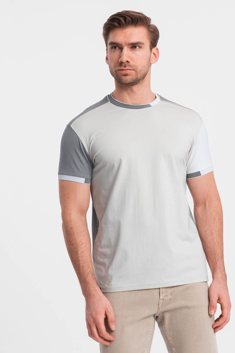 OMBRE, Tricou cu decolteu la baza gatului si model colorblock, Gri, L