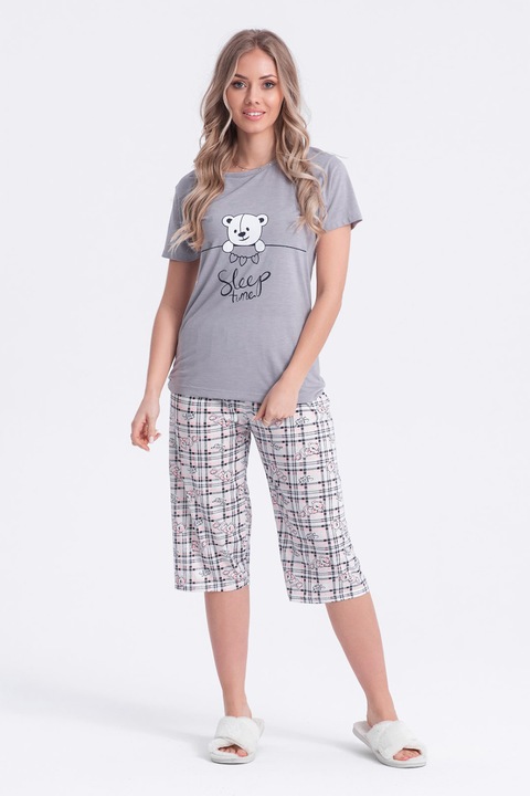 EDOTI, Pijama de bumbac cu imprimeu grafic, Roz/Gri, 2XL
