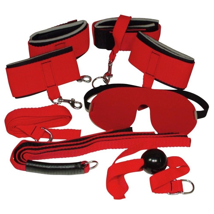 Set BDSM 8 piese, Red Giant, Bad Kitty, masca, knebel, bici, mansete, pas, negru/rosu