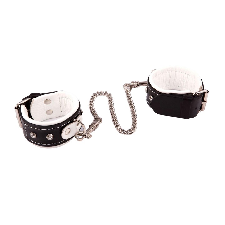 Set catuse din piele naturala, reglabile, alb-negru, 4x17-22cm, cu lant 30cm, fabricat in Polonia