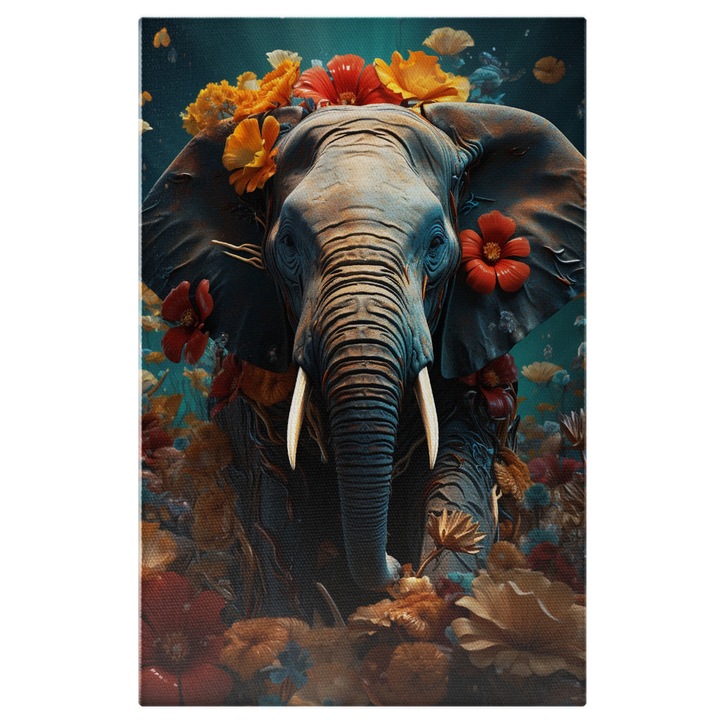Tablou Canvas: Portret Acvatic Elefant in Apa Inconjurat cu Flori Galbene si Rosii Pictura Digitala 40x25CM