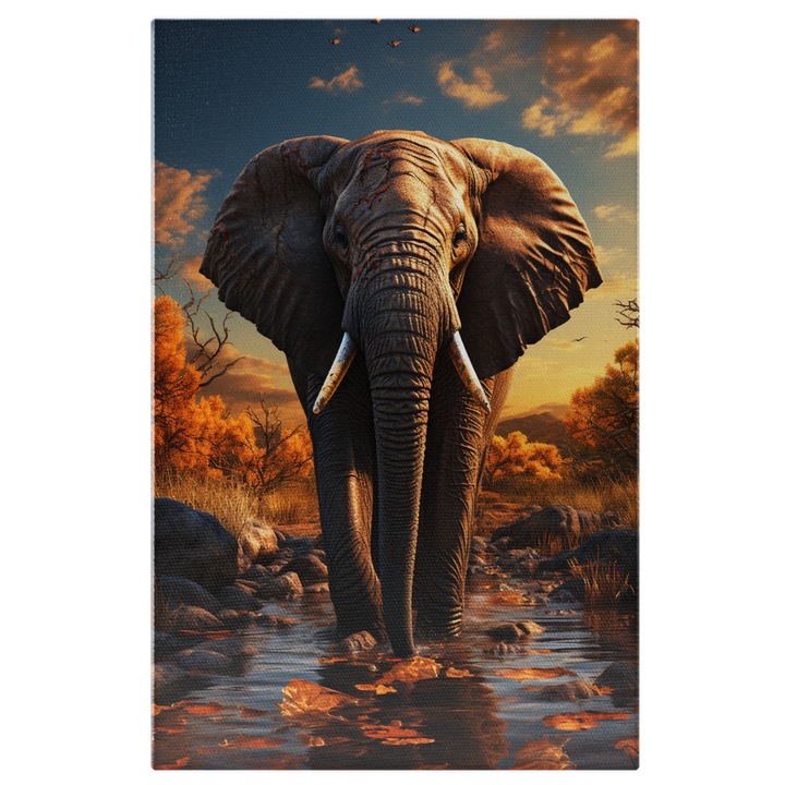 Tablou Canvas: Portret Elefant in Savana Merge prin Apa pe Langa Pietre si Copaci Pictura Digitala 90x60CM