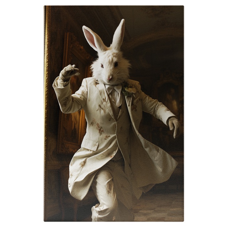 Tablou Canvas: Portret Iepure Danseaza in Costum pe Holul Castelului Pictura Digitala 40x25CM