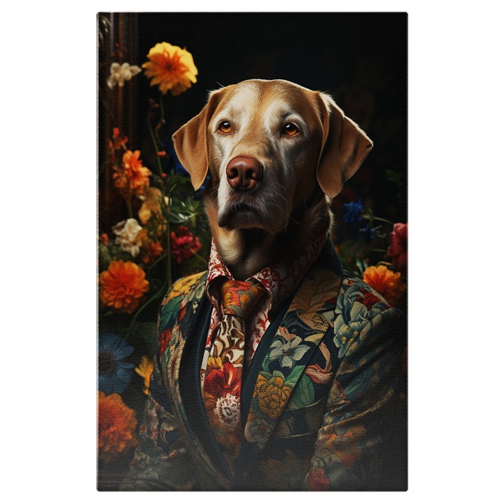 Tablou Canvas: Portret Caine in Costum Multicolor cu Cravata intre Flori Colorate Pictura Digitala 90x60CM