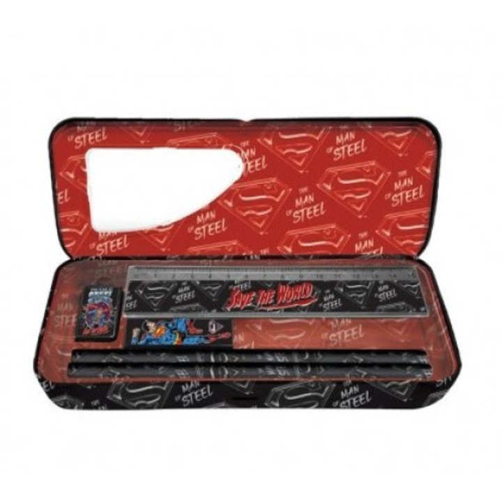 Penar echipat, Graffiti, Superman, Metal, Rigla, 2 creioane, Ascutitoare, Radiera, 21x2.5x8cm, Negru/Rosu