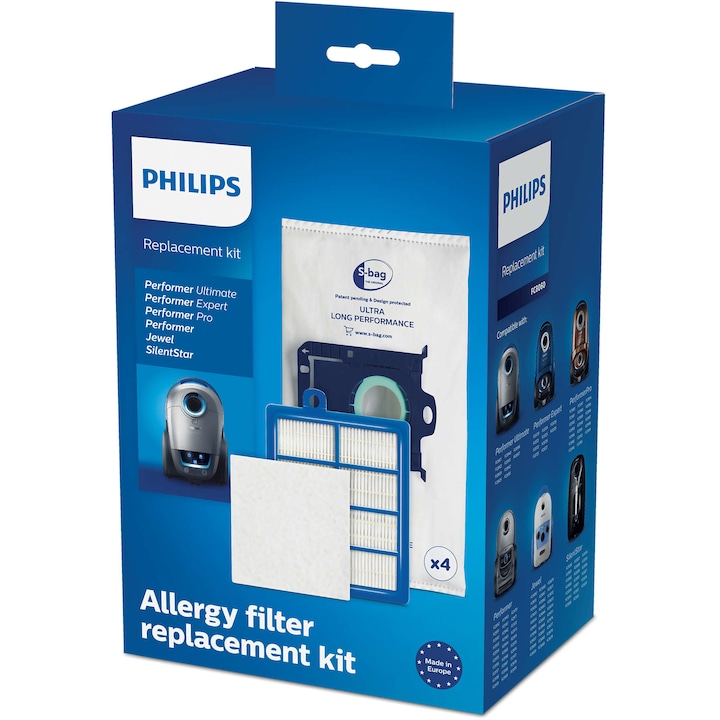 Kit aspirator Philips FC8060/01: 4 saci de praf S-bag, 1 filtru evacuare HEPA13, 1 filtru cu strat triplu, compatibil cu gamele Performer /Pro/Silent/Ultimate