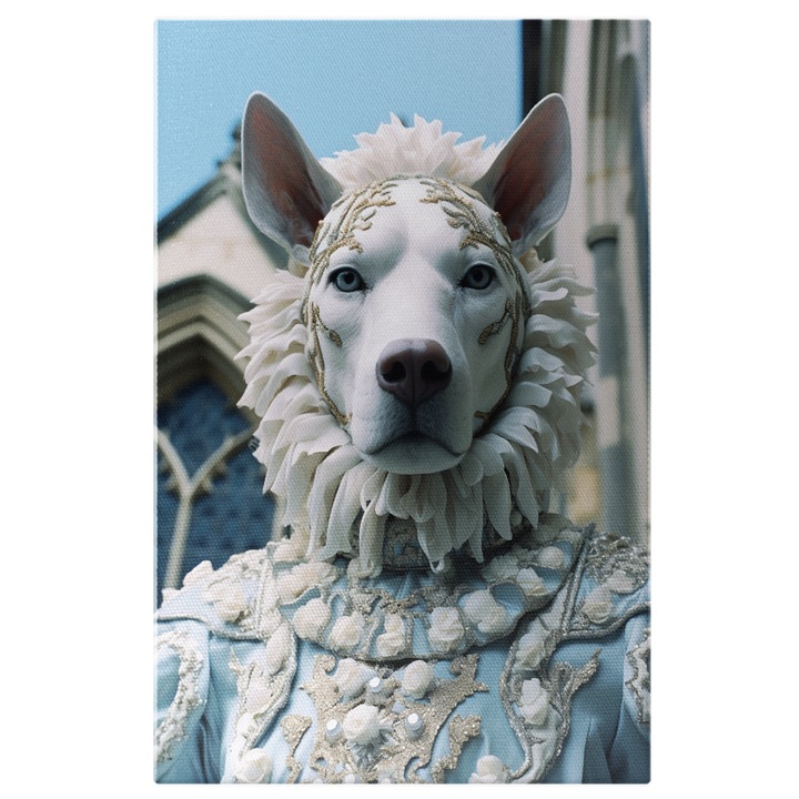 Vászonfestés: Hibátlan elegancia A Baron White Dog Nyakörv a Vár előtt Digitális festmény 40x25cm