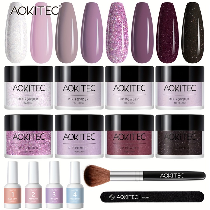 Set manichiura AOKITEC, 8 Culori, 4 Lichide Esentiale, 3 Unelte Manichiura, Multicolor, 10g