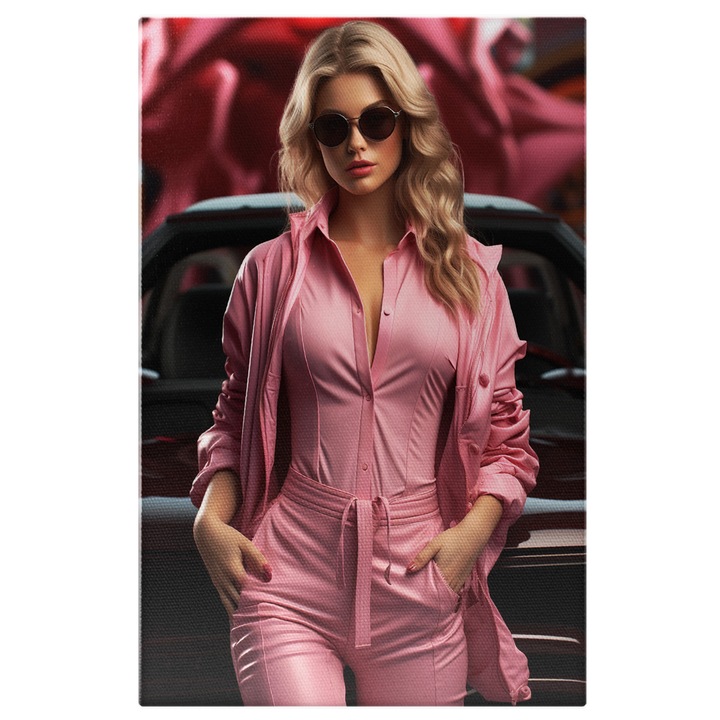 Tablou Canvas: Efectul Barbie Dama cu Chip de Papasa si Ochelari de Soare Automobil Confortabil Pictura Digitala 70x50CM
