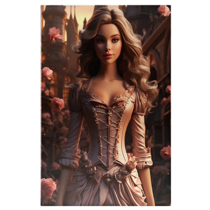 Tablou Canvas: Printesa in Rochie Regala Glamour in Oras Contemporan cu Decor Trandafiri Pictura Digitala 70x50CM