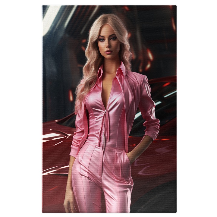 Tablou Canvas: Fata in Salopeta Satin Roz cu Par Blond Coafat si Masina Rosie Sport Pictura Digitala 60x40CM