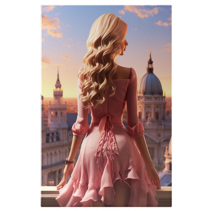 Tablou Canvas: Mysterious Girl Fata in Rochie cu Volane si Ceas la Mana Negru in Oras Istoric Pictura Digitala 70x50CM