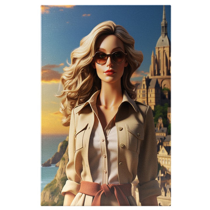 Tablou Canvas: Boss Woman Femeie cu Par Blond imbracata In Alb si Bej langa Lac si Stanci Pictura Digitala 70x50CM