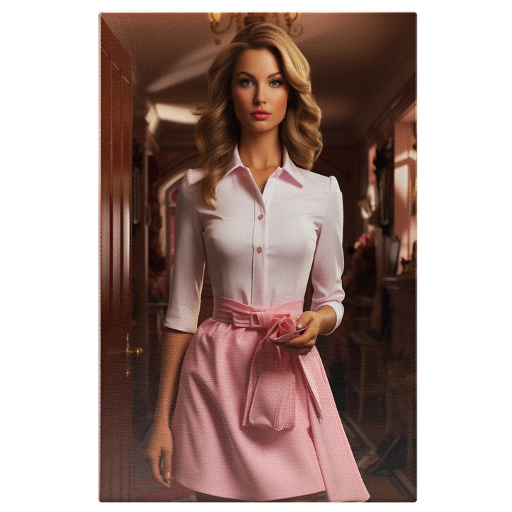 Tablou Canvas: Doamna in Camera, cu Camasa Alba si Fusta Scurta cu Ochii Gri-Albastru Pictura Digitala 60x40CM