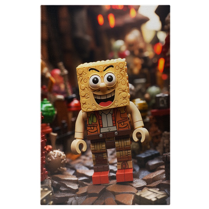 Tablou Canvas: SpongeBob Pantaloni Patrati Minifigurina Lego Galbena cu Ochii Mari si Zambet Larg Pictura Digitala 70x50CM