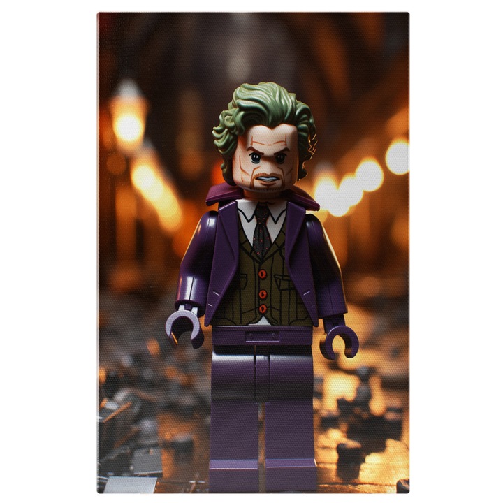 Tablou Canvas: The Joker personaj Lego cu Par Verde si Haine Mov cu Barba si Privire Urata Pictura Digitala 40x25CM