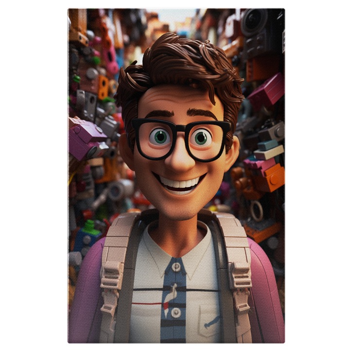 Tablou Canvas: Barbat cu Ochii Verzi si Ochelari cu Rama Neagra si un Zambet Larg in Decor Camere Foto Pictura Digitala 40x25CM