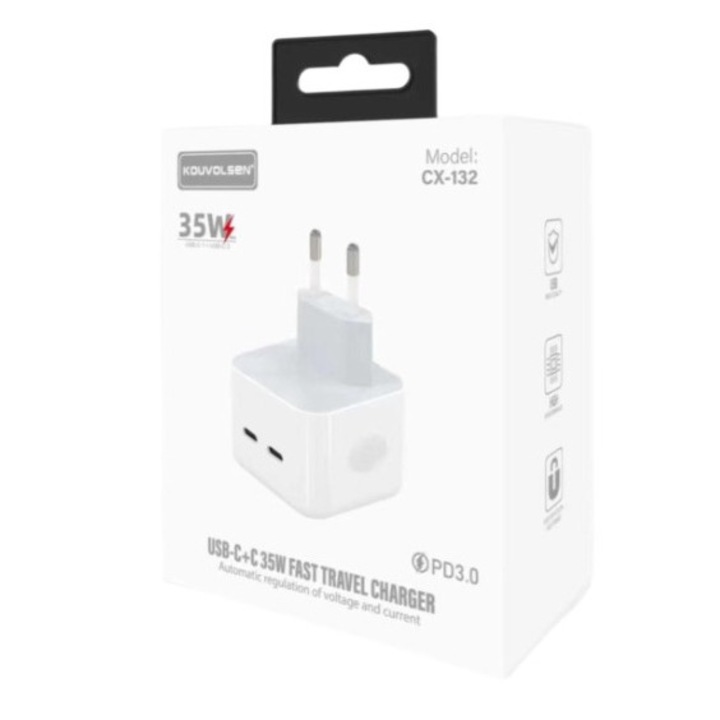 KOUVOLSEN telefontöltő, 35W PD, gyors töltés, két Type-C port, kiterjesztett kompatibilitás