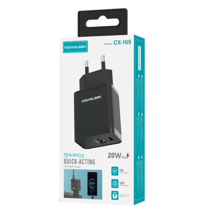 KOUVOLSEN telefon töltő, 20W PD, gyors töltés, univerzális, Fekete