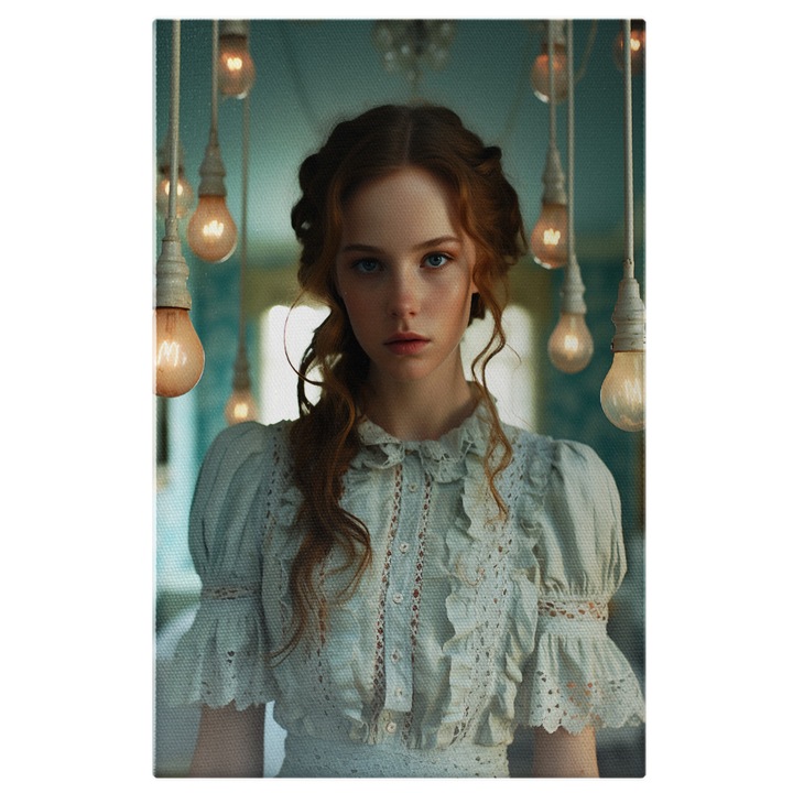 Tablou Canvas: portret fata cu par ginger coafura impletita privire adanca tinuta eleganta alba camera luminoasa Pictura Digitala 40x25CM