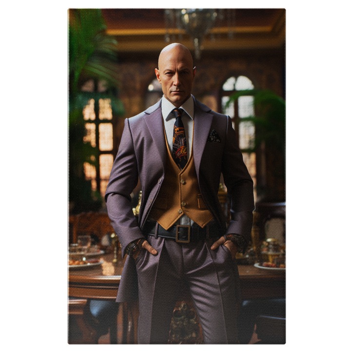 Tablou Canvas: portret barbat chel imbracat elegant in costum mov cravata colorata moderna in sala de masa Pictura Digitala 40x25CM