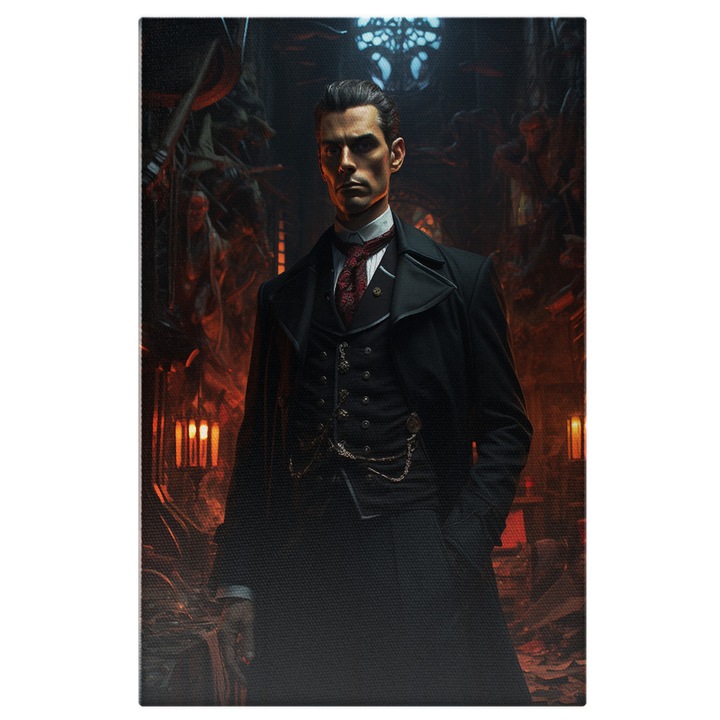 Tablou Canvas: portret barbat in costum negru cravata rosie tinuta eleganta par brunet aranjat intr-o biserica parasita Pictura Digitala 40x25CM