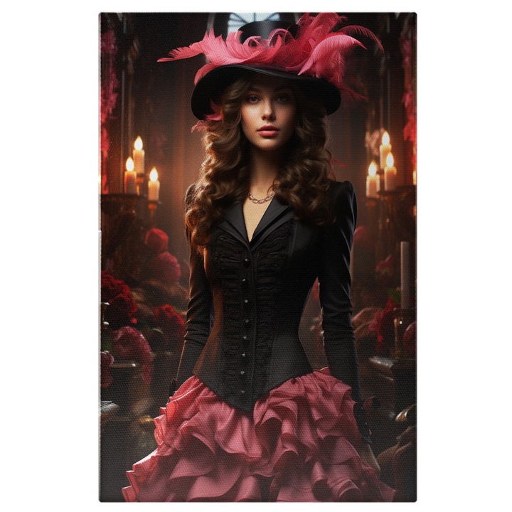 Tablou Canvas: portret fata cu par lung tinuta cu fusta roz privire seducatoarte palarie cu pene roz fundal luminos fashion Pictura Digitala 60x40CM