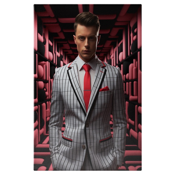 Tablou Canvas: portret barbat in costum dungi alb negru batista roz tinuta moderna par suvite blonde incapere roz Pictura Digitala 40x25CM