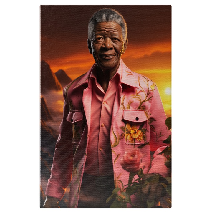 Tablou Canvas: portret barbat cu par alb stil afro in costum cu roz cu flori zambind trandafir roz apus de soare Pictura Digitala 40x25CM