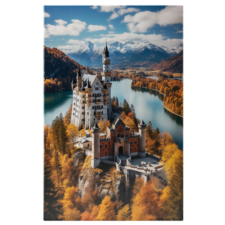 Картина на платно: Изглед на замък с дрон на остров пенлива вода високи планини есен Дигитална картина 100x70CM