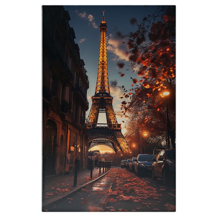 Tablou Canvas: View apus de soare Paris Turnul Eiffel toamna copaci aurii cer albastru Pictura Digitala 90x60CM