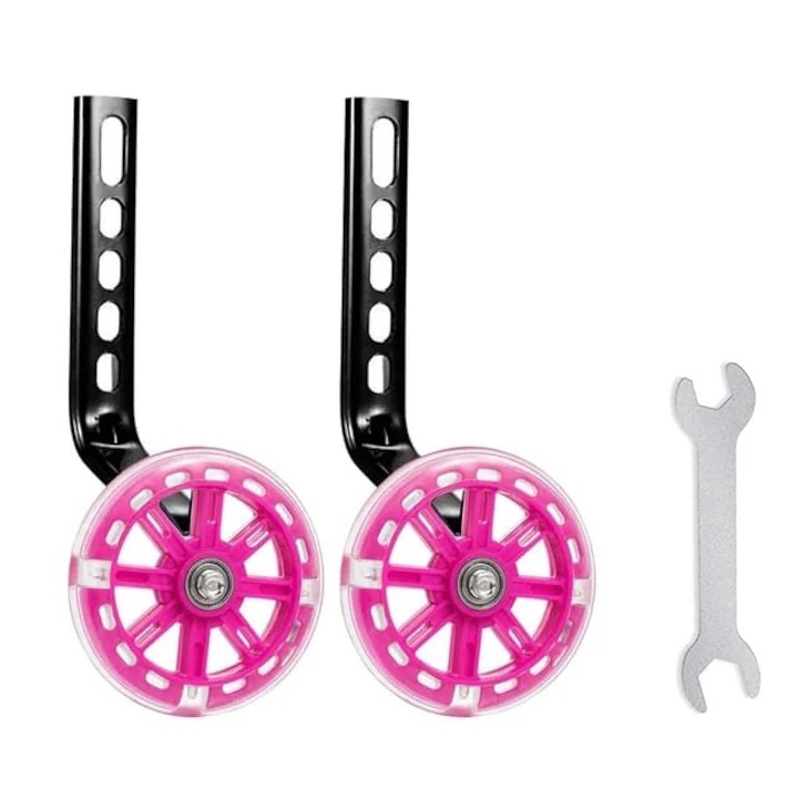 Set roti ajutatoare bicicleta pentru copii, luminoase, roz/negru, 11.2x2cm
