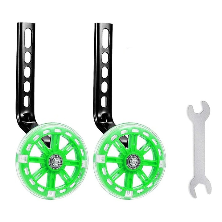 Roti ajutatoare bicicleta, set, cu lumini LED, verde/negru, 11.2x2cm, pentru 12-20 inch