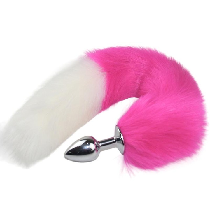 Fém anál dugó, róka farok, fehér/rózsaszín, 40cm, 7,2x3cm