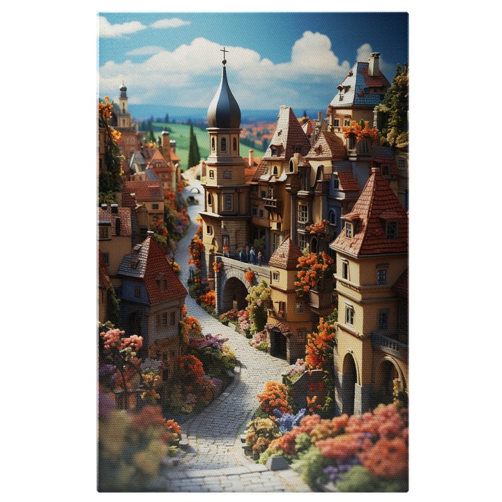 Tablou Canvas: Biserica in Sat de piatra in stil lego copaci colorati Pictura Digitala 90x60CM