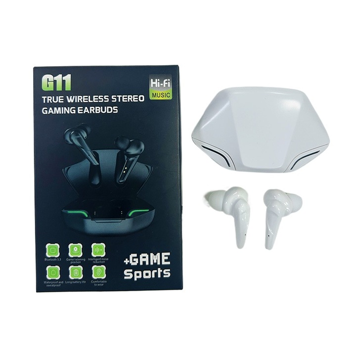 Esports G11 vezeték nélküli gaming fülhallgató, Bluetooth 5.0, kettős mód, alacsony késleltetés, fehér