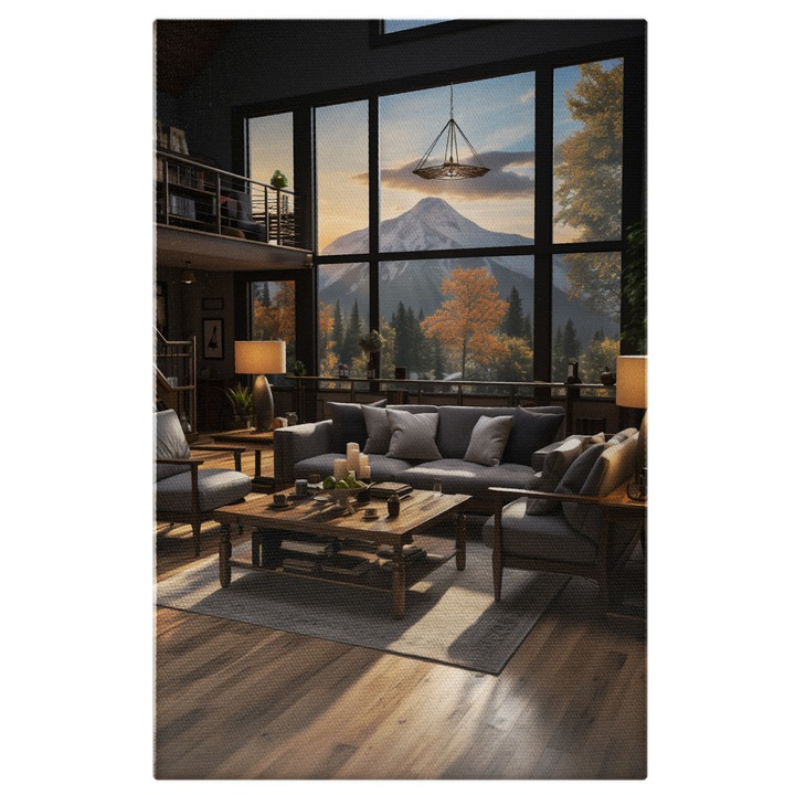 Tablou Canvas: inspiratie designe interior camera de zi cu canapea gri si fereastra inalta view montan Pictura Digitala 40x25CM