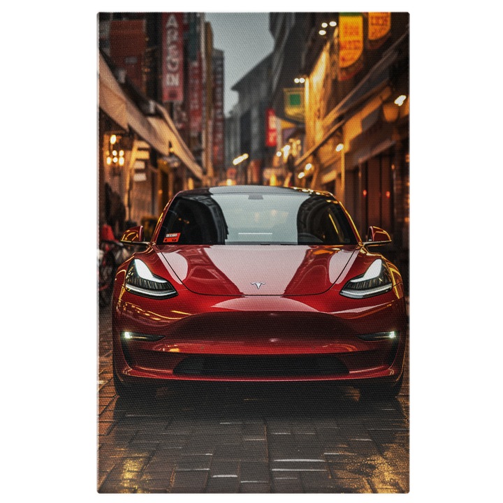 Tablou Canvas: Masina Electrica Tesla Model 3 Rosie Adaptata Oricarei Situatii Masina Puternica Pictura Digitala 40x25CM