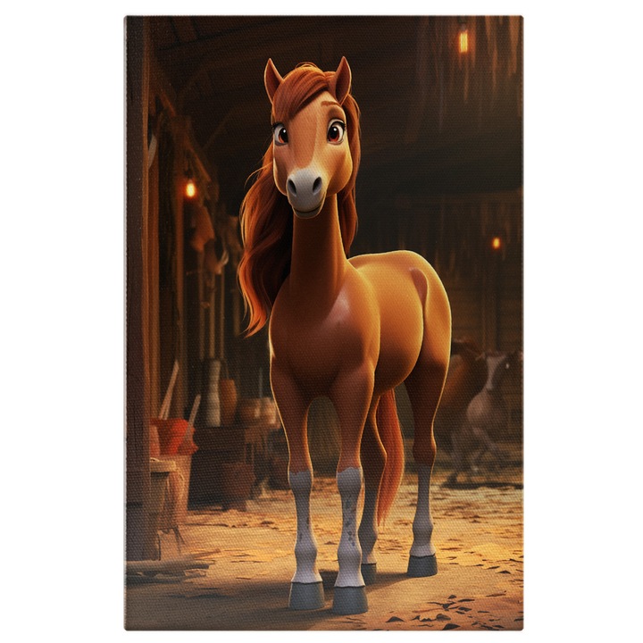 Tablou Canvas: Cal Bucuros si Ingrijit in Grajd cu o Coama Mare asteptand sa fie Pieptanat Pictura Digitala 70x50CM