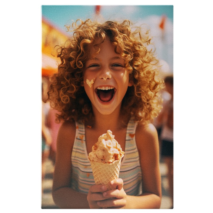 Tablou Canvas: Fetita care se Bucura de Inghetata cu o Inimioara pe Obraz si Parul Cret Pictura Digitala 100x70CM