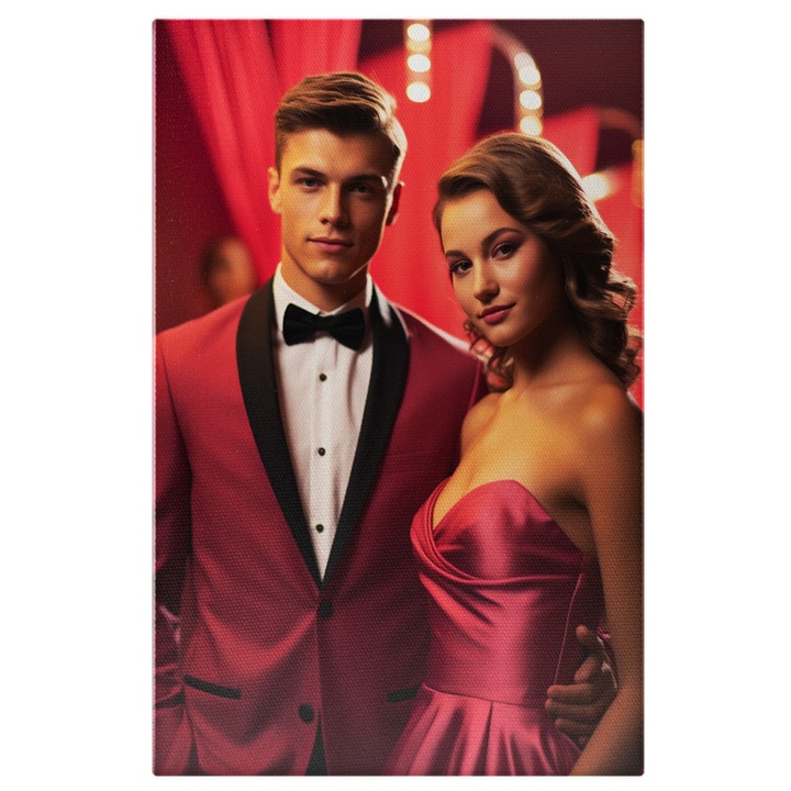 Tablou Canvas: Cuplul Serii, Un Baiat si O Fata Imbracati Asortat in Roz sunt Fericiti la Petrecere Pictura Digitala 90x60CM