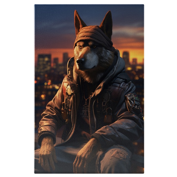 Tablou Canvas: Lupul Trist care sta privind spre Oras Ingandurat, Seful Cartierului unde Sta Pictura Digitala 60x40CM