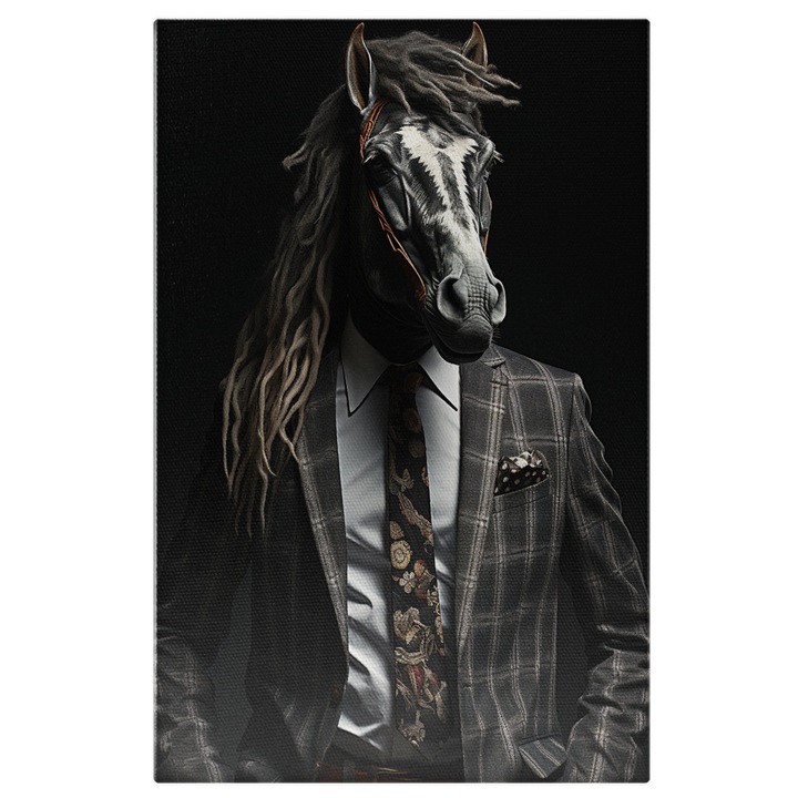 Tablou Canvas: Calul care Face Afaceri imbracat la Costum cu Carouri si Cravata cu Model Pictura Digitala 100x70CM