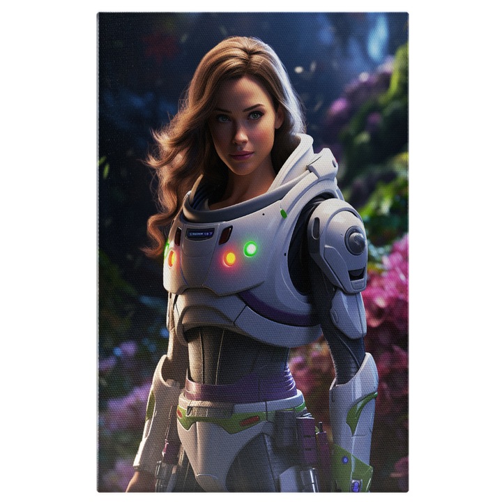 Tablou Canvas: Femeie Astronaut in Costum Alb cu Ochii Verzi pregatita de o Noua Aventura Pictura Digitala 70x50CM