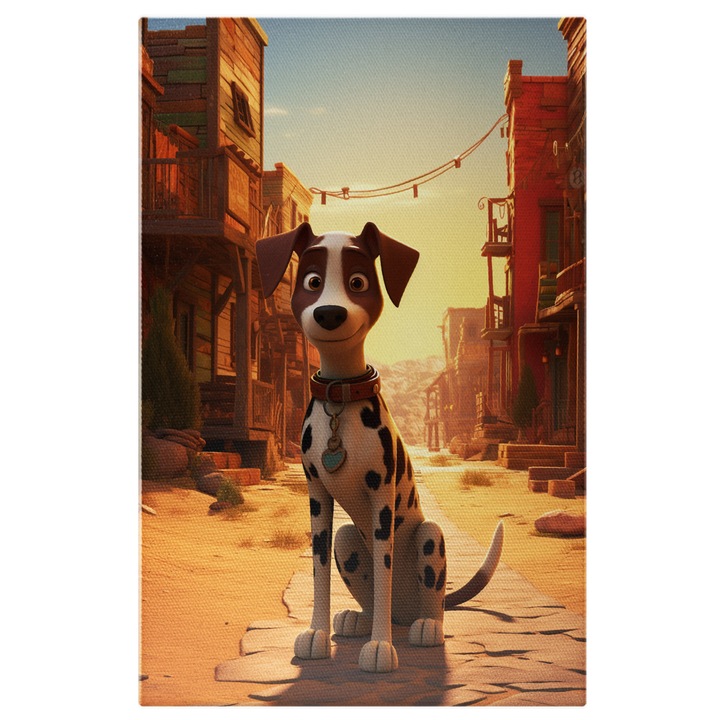 Tablou Canvas: Dalmatian Caine cu Blana Alba si Pete Negre cu Urechi Maro si Nasul Negru Pictura Digitala 70x50CM