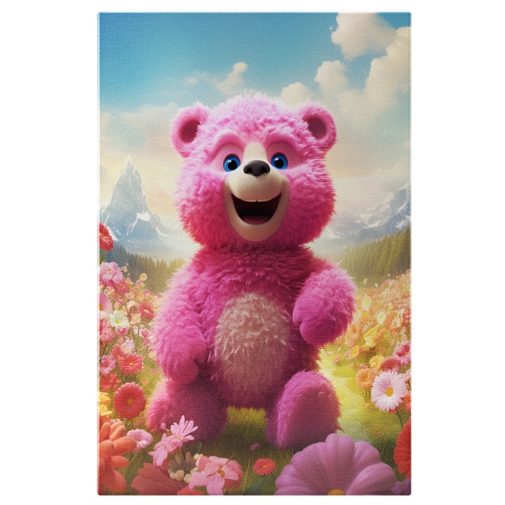 Tablou Canvas: Pufosul Ursulet cu Ochii Albastri pe Campul de Flori plimbandu-se Fericit Pictura Digitala 40x25CM