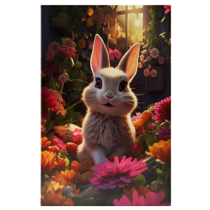 Tablou Canvas: Floral Iepure Iepure intr-o Camera plina de Flori - Fotografie Artistica Pictura Digitala 100x70CM