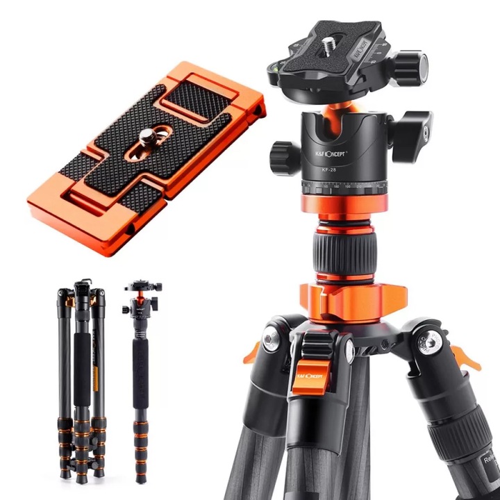K&F Concept D255C4+BH-28L karbon állvány + monopod + telefon adapter, fekete-narancs