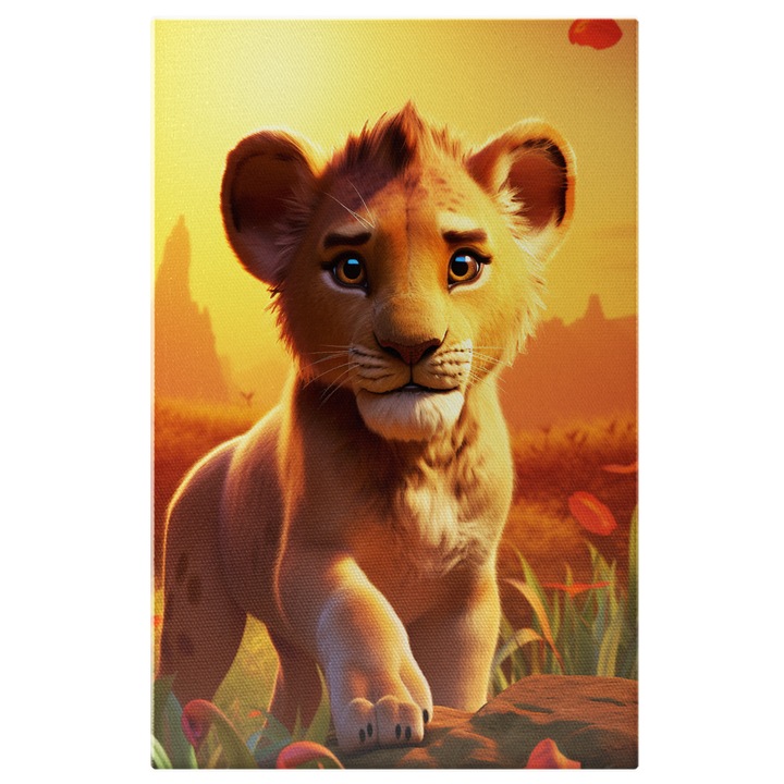 Tablou Canvas: Calea Imflorita a Leului Drumul Micutului Animal prin Savana Inconjurat de Flori Rosii Salbatice Pictura Digitala 40x25CM